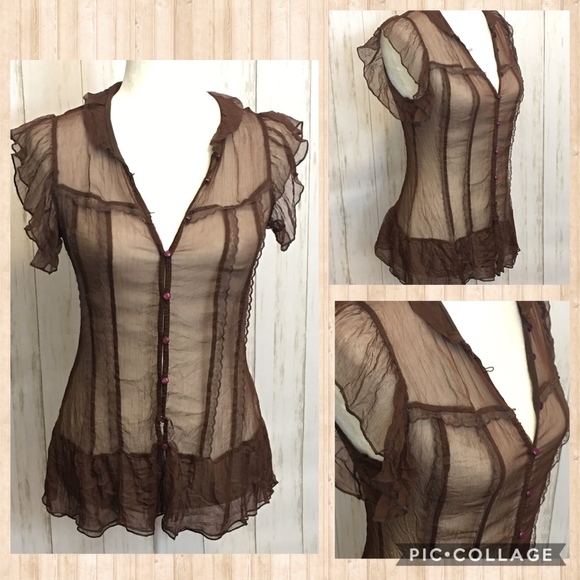 CDR Tops - CDR 100% Silk Sheer Brown Blouse Ruffle Hem Small